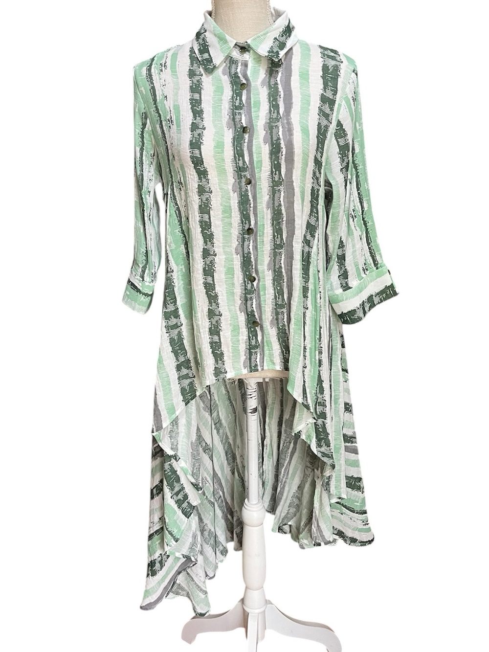 Patrizia Luca Milano Green Abstract Striped High-Low Tunic Shirt Size Small
